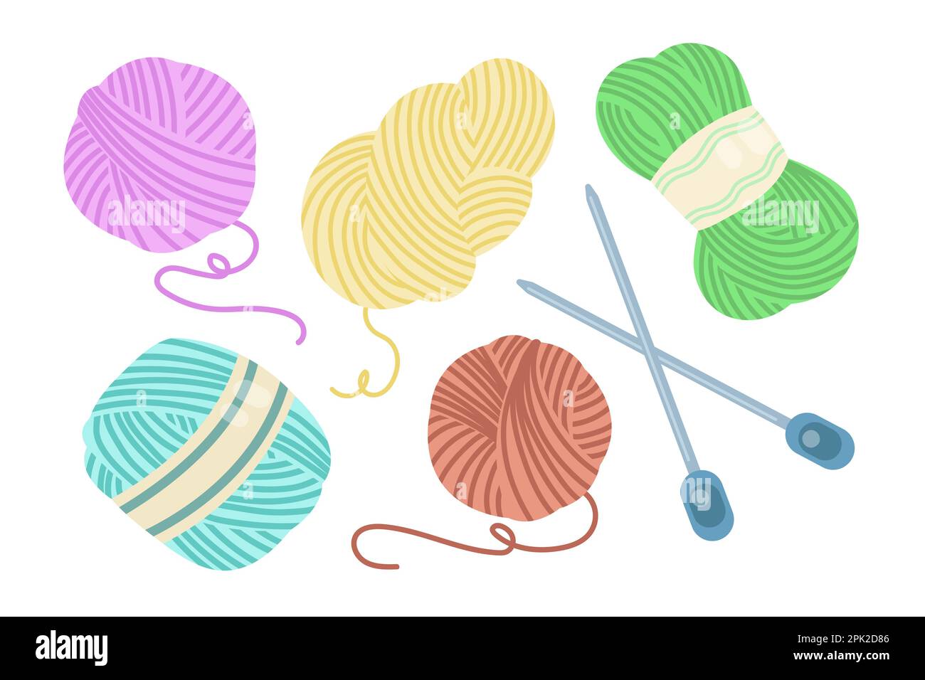 Balls of yarn with needles cartoon illustration set Stock Vector Image