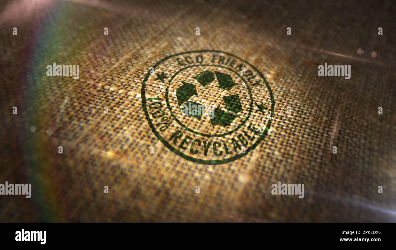 Eco friendly recycling stamp printed on linen sack. Environment ecology and sustainable business concept. Stock Photo