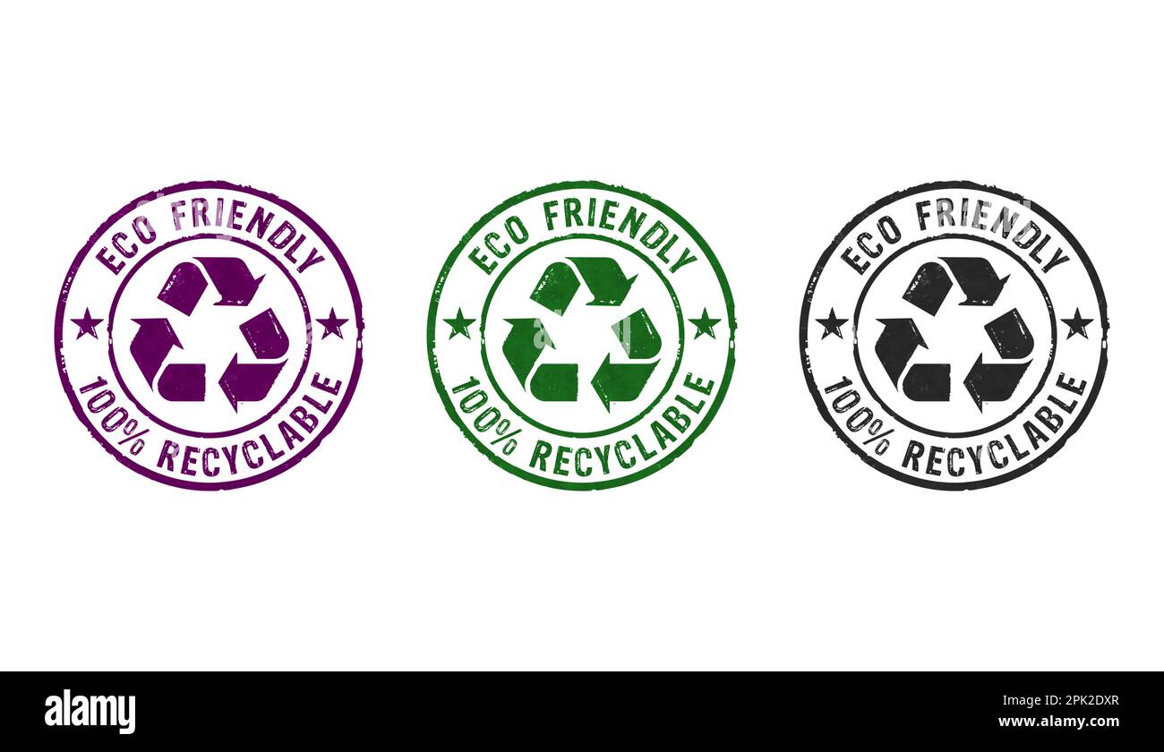 Eco friendly recycling stamp icons in few color versions. Environment ecology and sustainable business concept 3D rendering illustration. Stock Photo