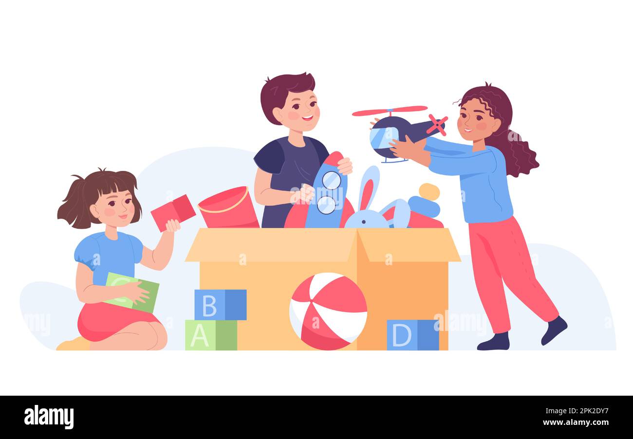 Children taking toys out of box flat vector illustration Stock Vector