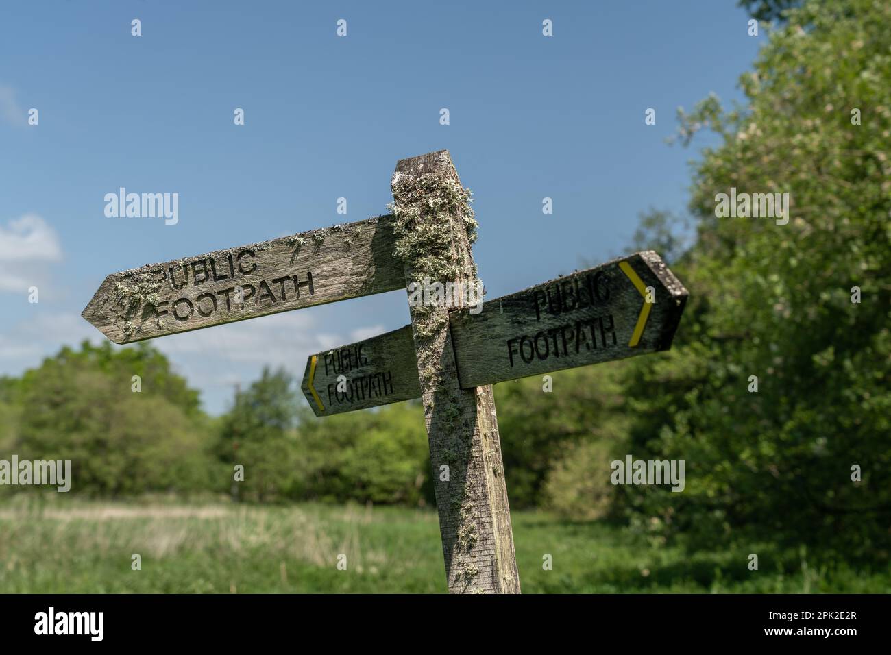 Wooden footpath finger post and lichens Stock Photo