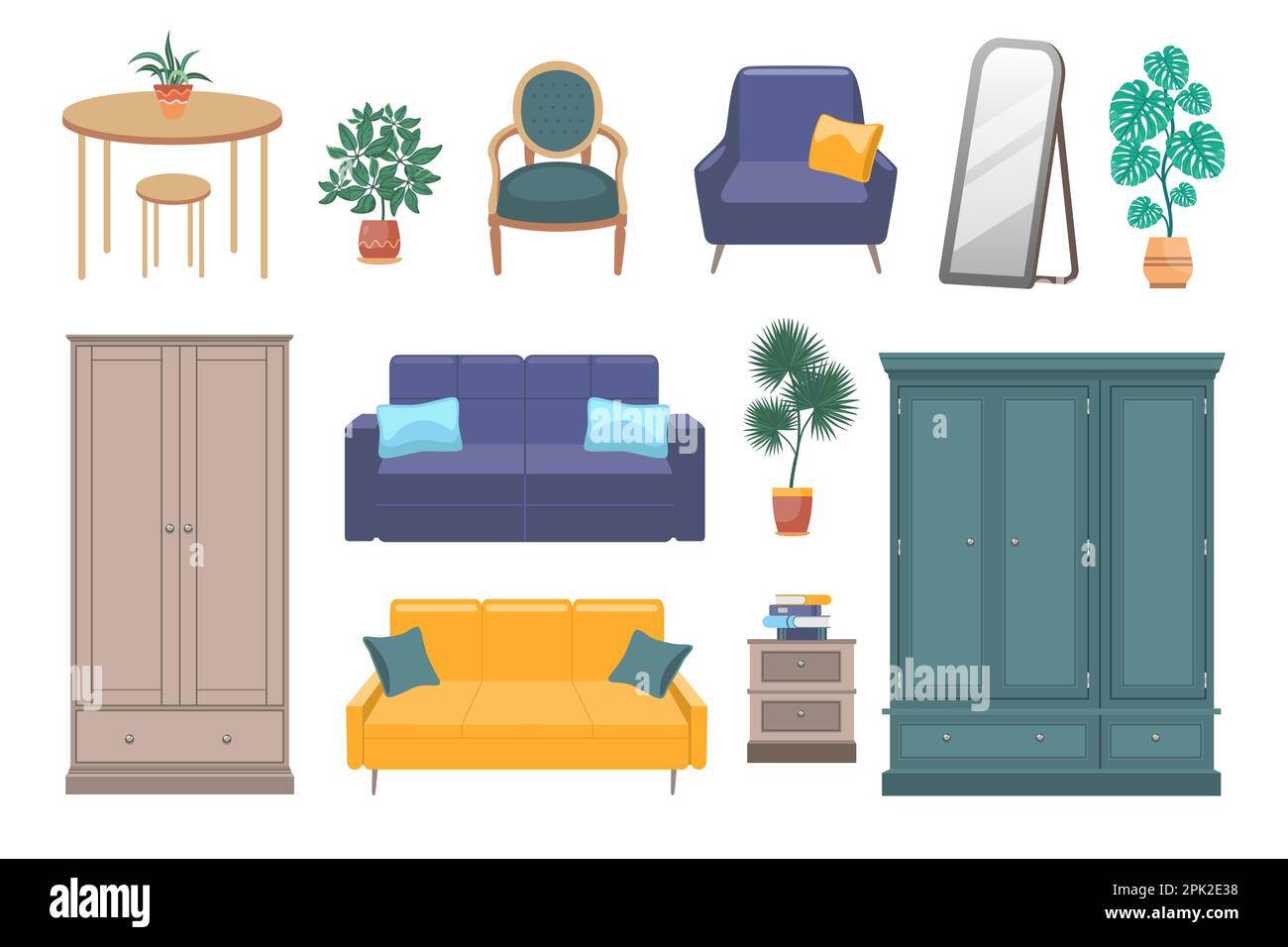 Living room interior elements flat vector illustrations set Stock ...