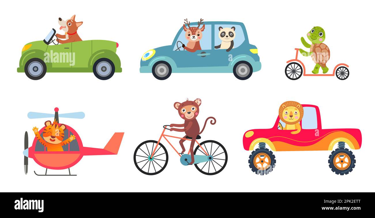 Comic animals in different vehicles vector illustrations set Stock