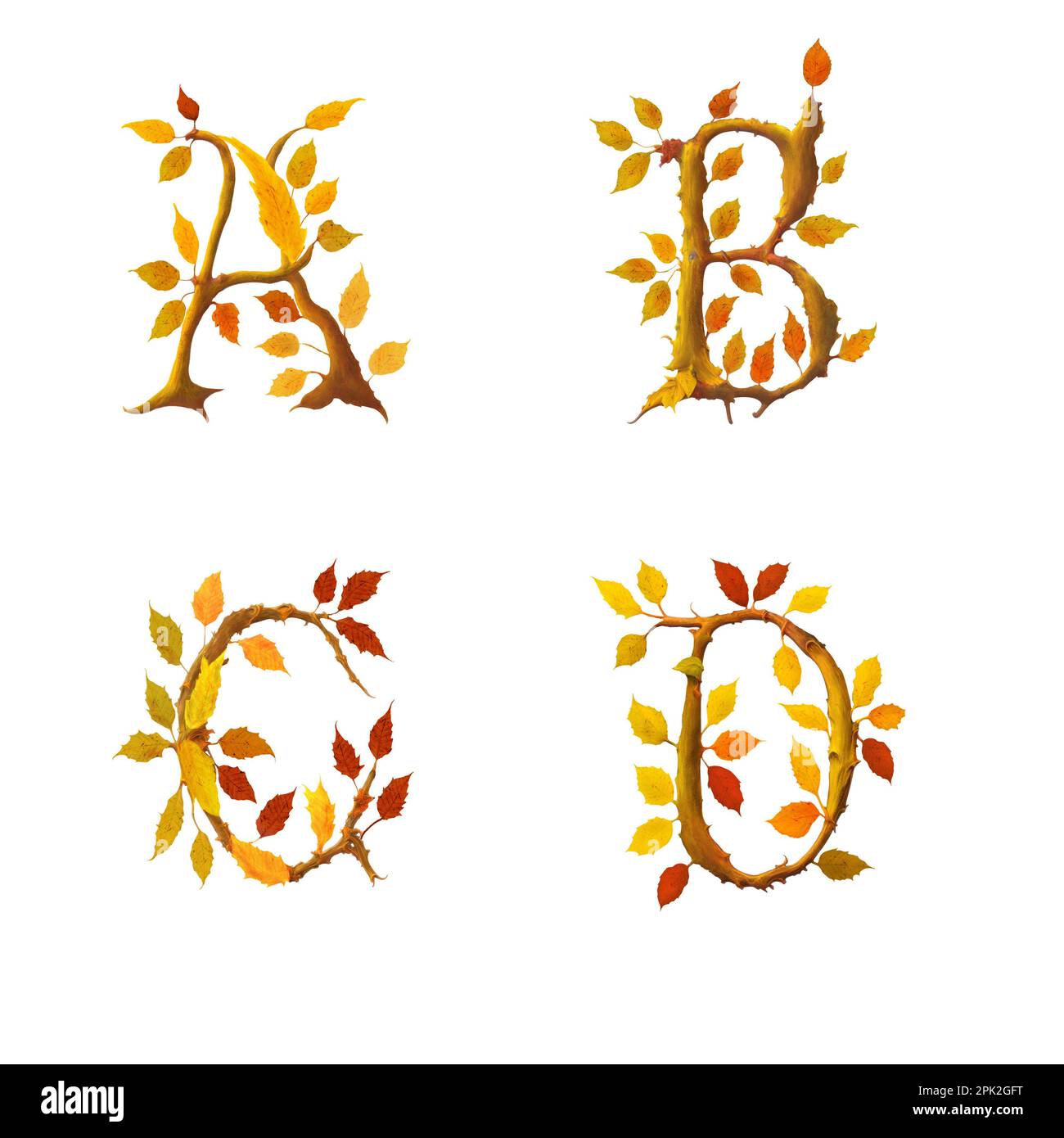 3D illustration of stylized autumn leaf tree alphabet - letters A-D
