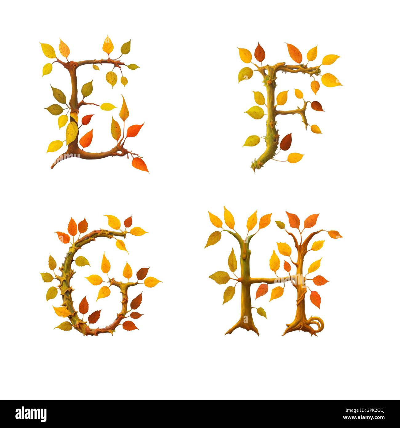 3D illustration of stylized autumn leaf tree alphabet - letters E-H Stock Photo