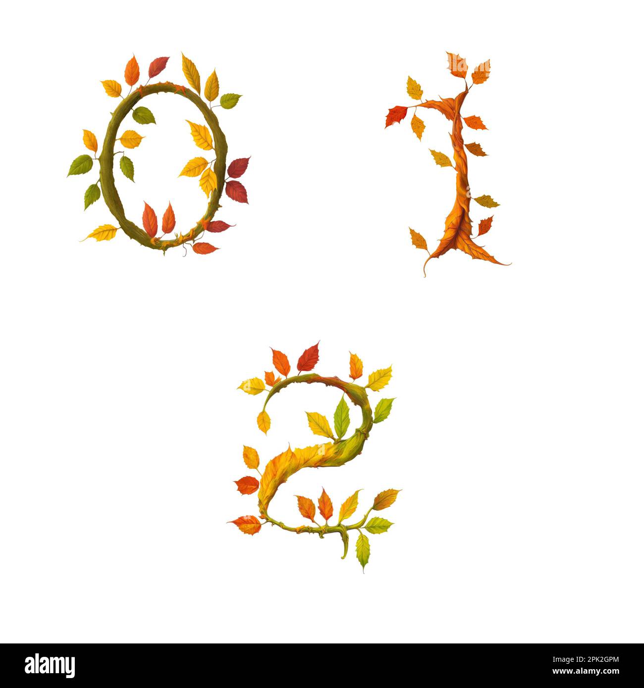 3D illustration of stylized autumn leaf tree alphabet - digits 0-2 Stock Photo