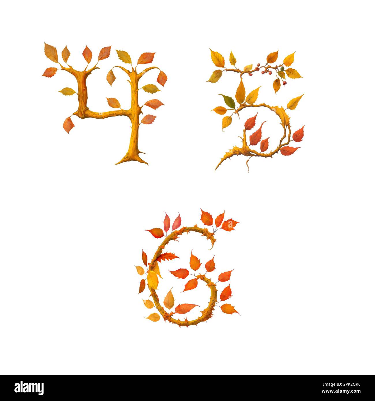 3D illustration of stylized autumn leaf tree alphabet - digits 4-6 Stock Photo