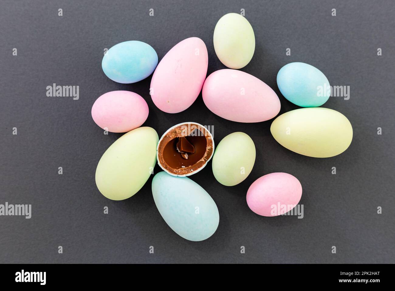 Pastel color Easter Eggs on a grey background. Stock Photo