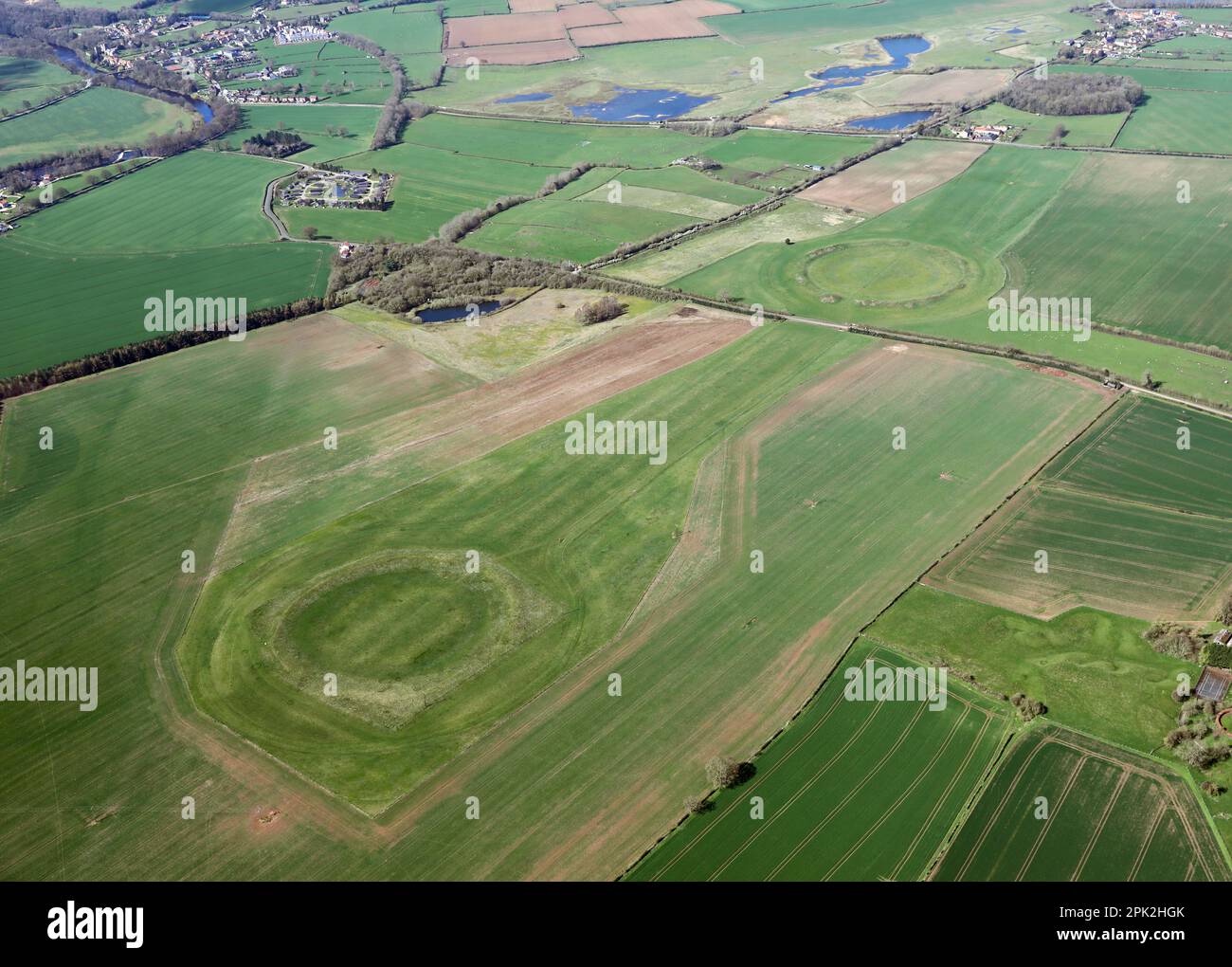 aerial view of The Thornborough Henges, an unusual ancient monument that includes the three aligned henges, West Tanfield near Ripon,North Yorkshire Stock Photo