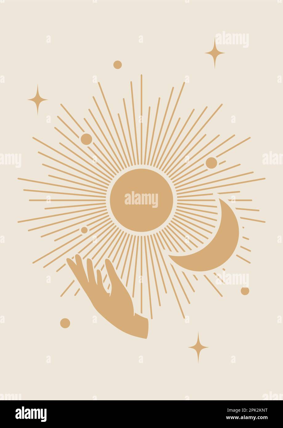 Retro sun and moon with hand printed wall art. Tarot card minimalist vector illustration. Stock Vector
