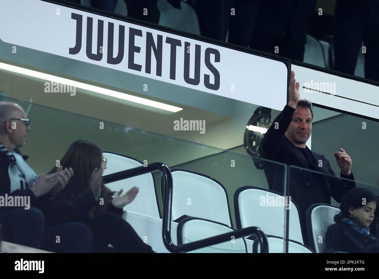 Torino, Italy. 04th Apr, 2023. Former player Alessandro Del Piero greets the fans during the Coppa Italia semi-final first leg match beetween Juventus Fc and Fc Internazionale at Allianz Stadium on April 4, 2023 in Turin, Italy . Credit: Marco Canoniero/Alamy Live News Stock Photo