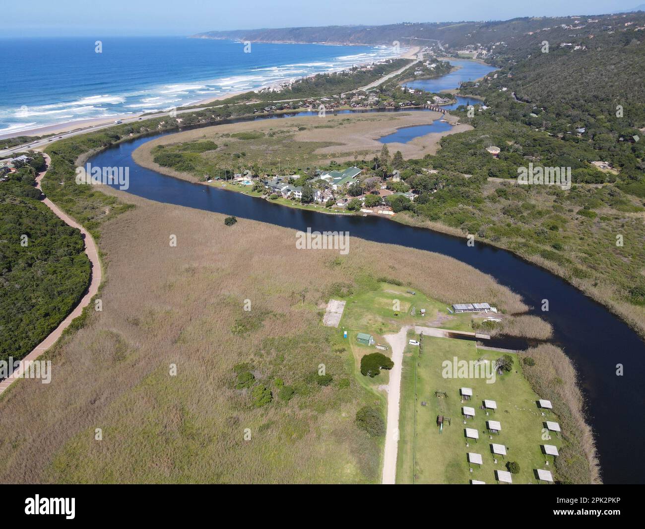 Drone view at river and beach of Wilderness on South Africa Stock Photo ...