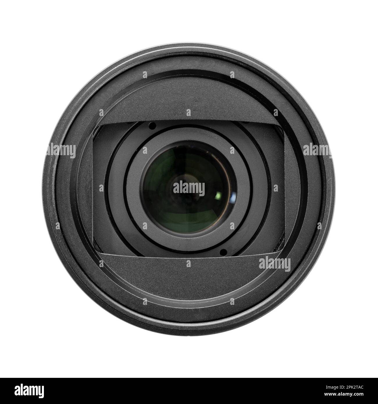 Front view of a macro photo camera lens isolated on white background