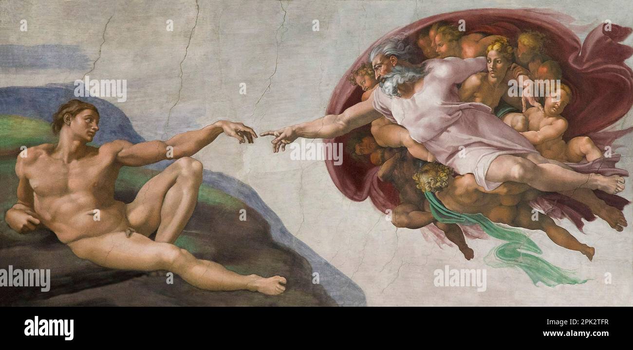Creation of Adam fresco, ceiling, Sistine Chapel, Buonarroti Michelangelo, 1511-1512, Vatican Museums, Rome, Italy, Stock Photo