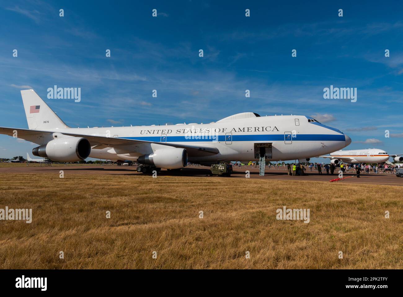 US Air Force Boeing E-4B Advanced Airborne Command Post, nicknamed Doomsday Plane. Presidential command post. German A340. RIAT airshow Stock Photo