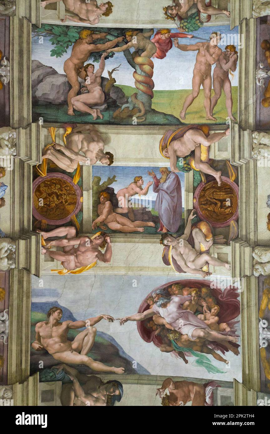 Creation of Adam and Eve, Expulsion from Garden of Eden, frescoes, ceiling, Sistine Chapel, Buonarroti Michelangelo, Vatican Museum, Rome, Italy, Stock Photo