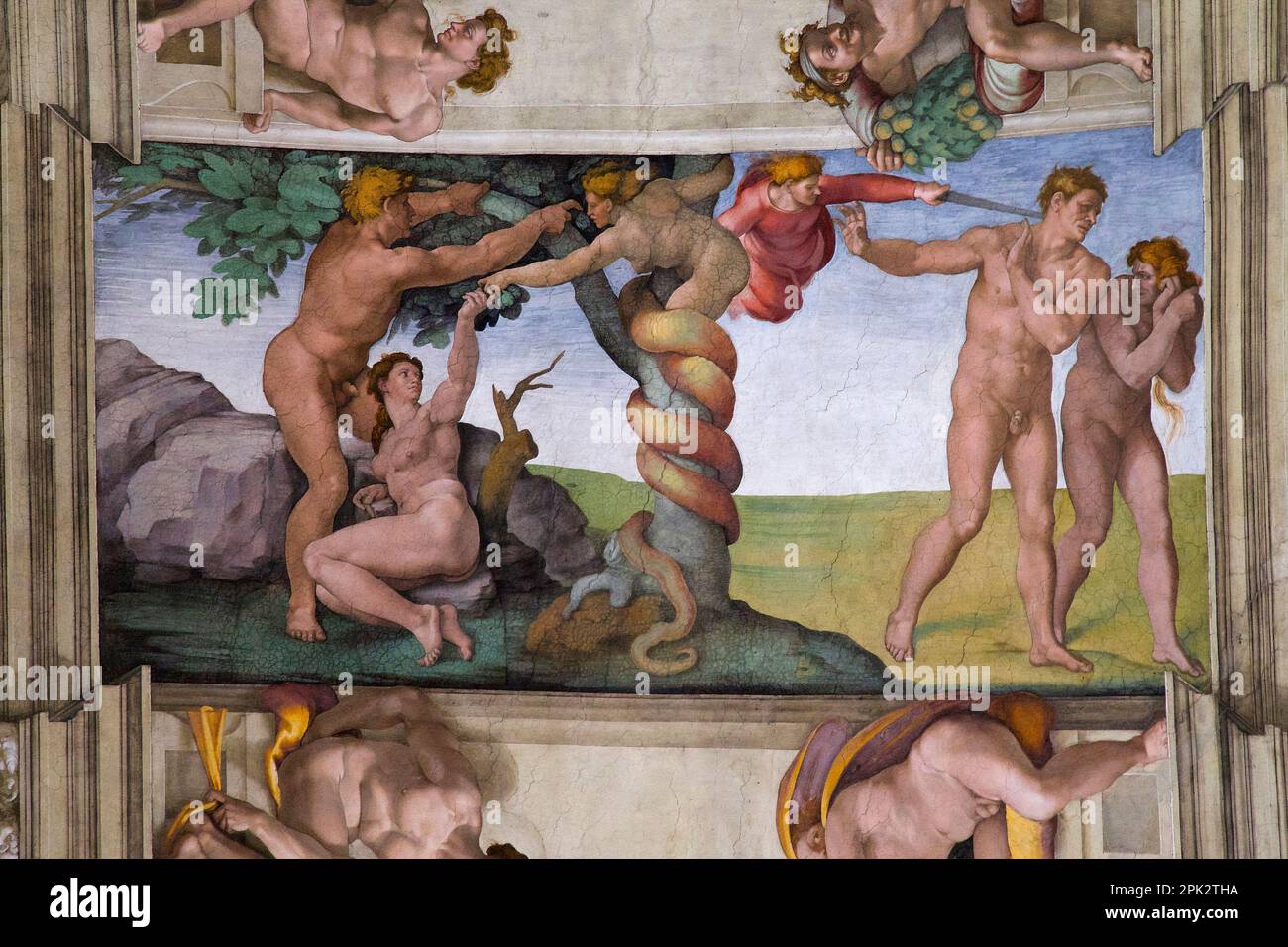 Fall and Expulsion from Garden of Eden, 1509-10, fresco, ceiling of Sistine Chapel, by Buonarroti Michelangelo, Vatican Museums, Rome, Italy, Stock Photo