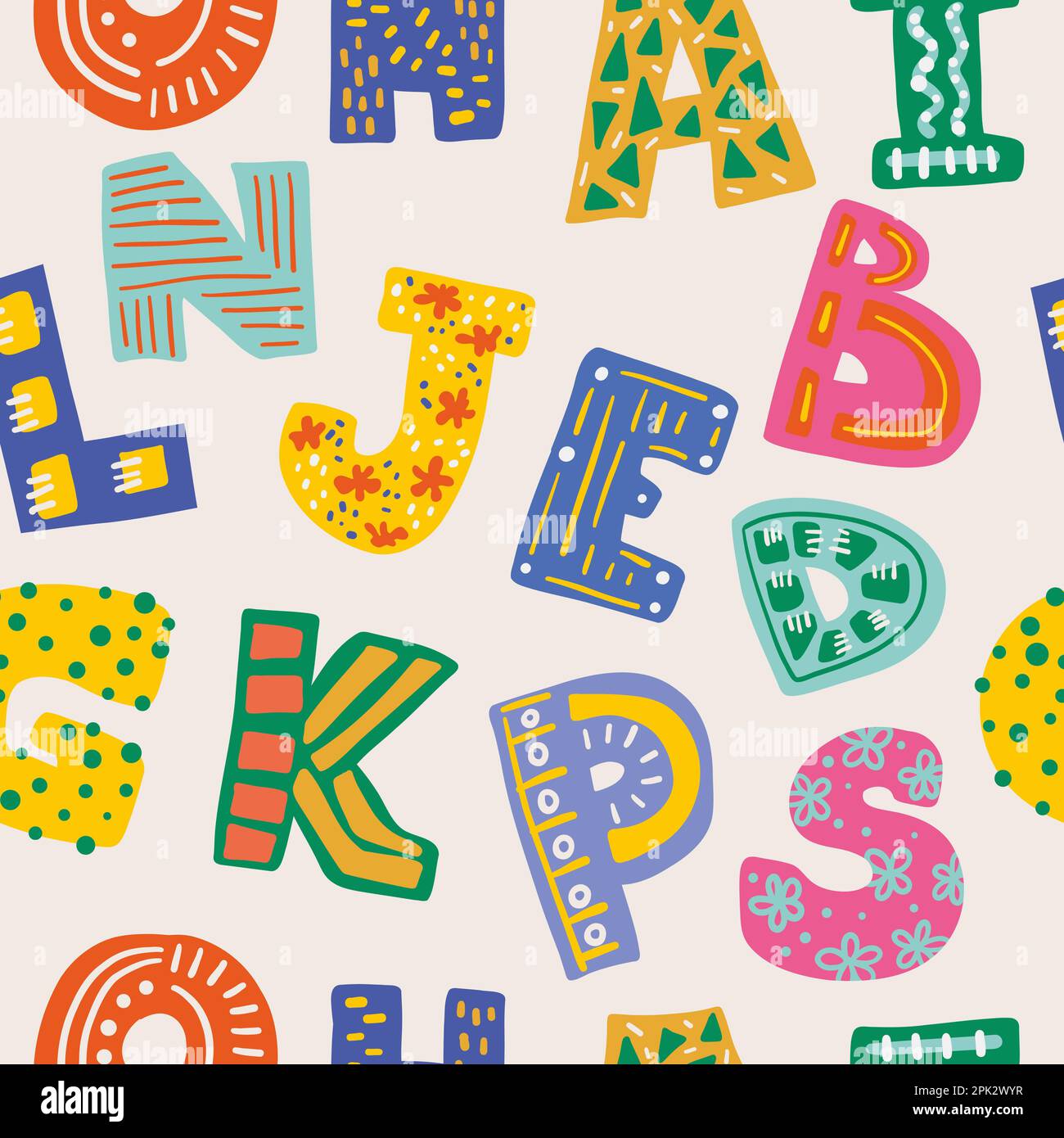 ABC seamless pattern. Scandinavian style alphabet. Vector cartoon hand