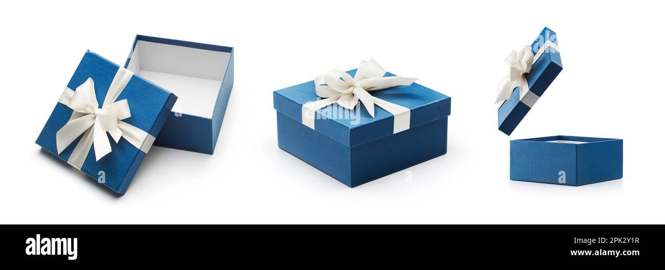 Various of blue gift boxes isolated on white background Stock Photo