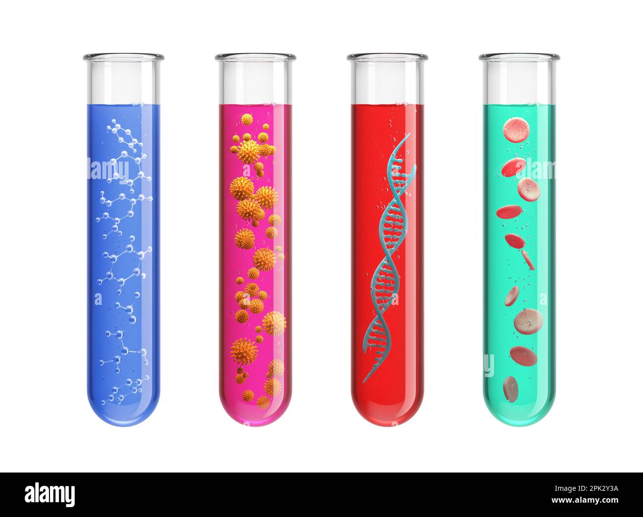 Test tube with molecule atom, bacteria, DNA, hemoglobin submerged 3d