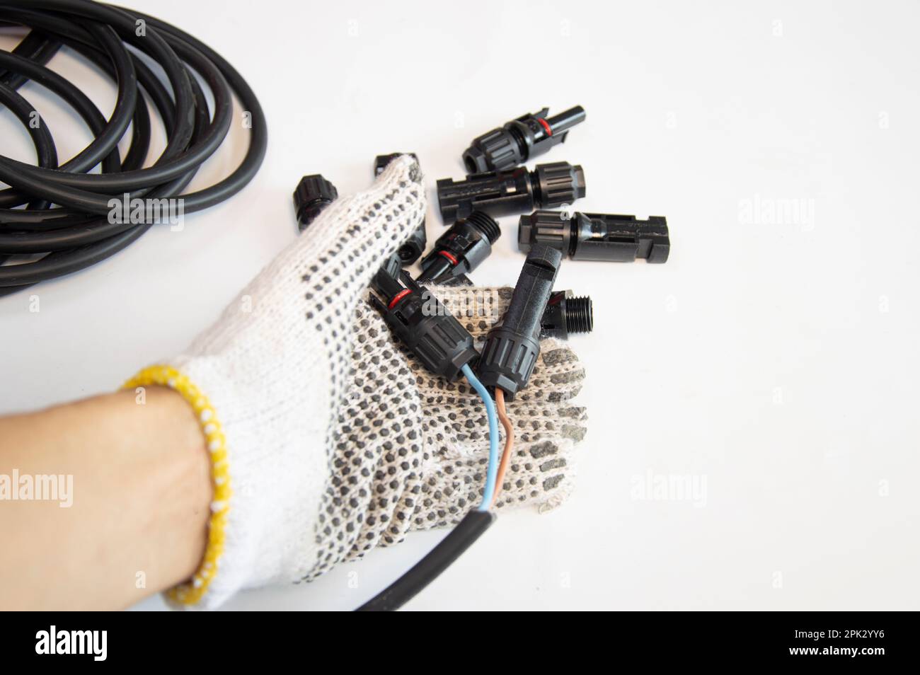 Cable connector MC4 type used for solar panel. Stock Photo