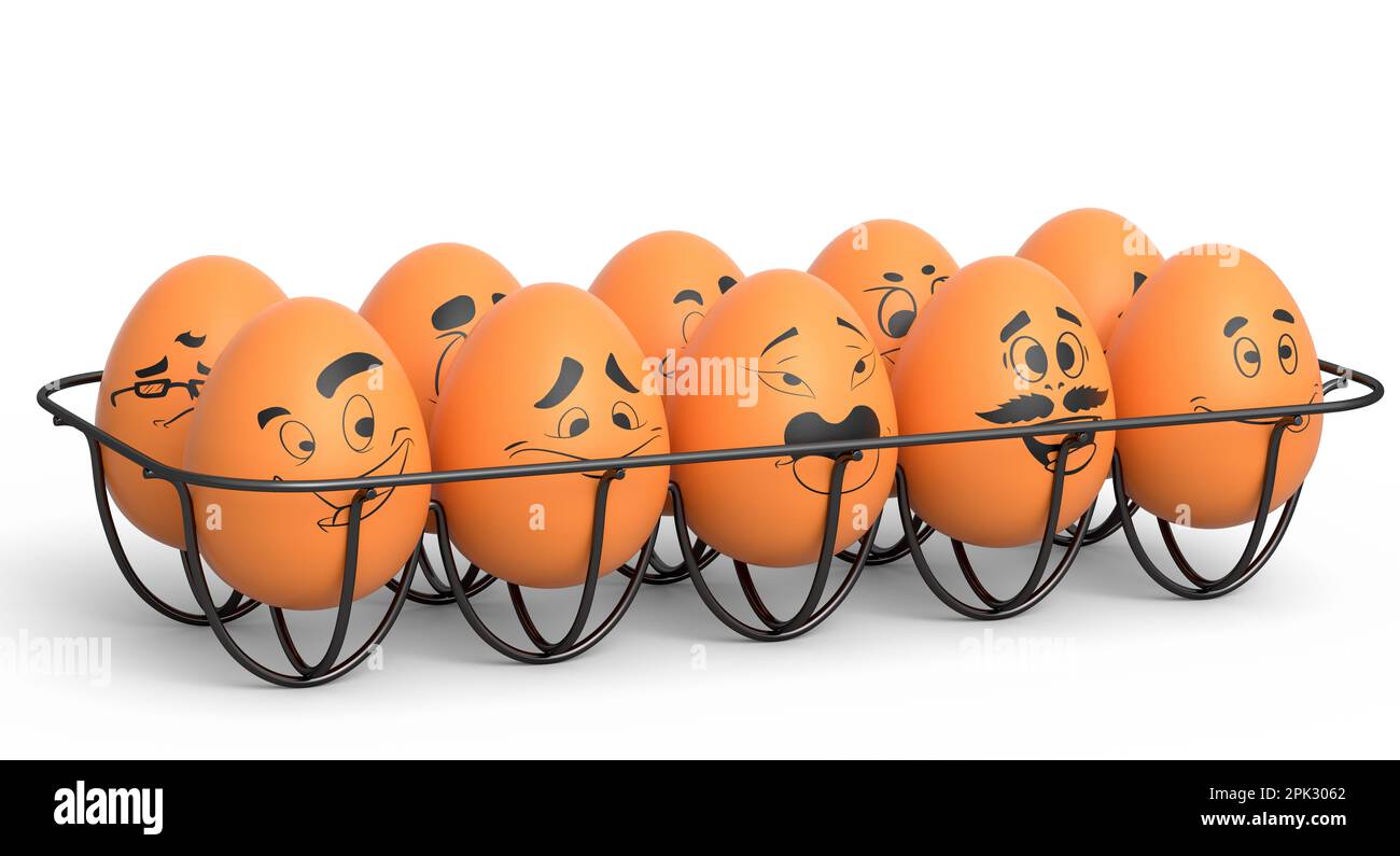 Farm brown painted egg with expressions and funny face in metal wire tray on white background. 3d render of Easter eggs template design for greeting a Stock Photo