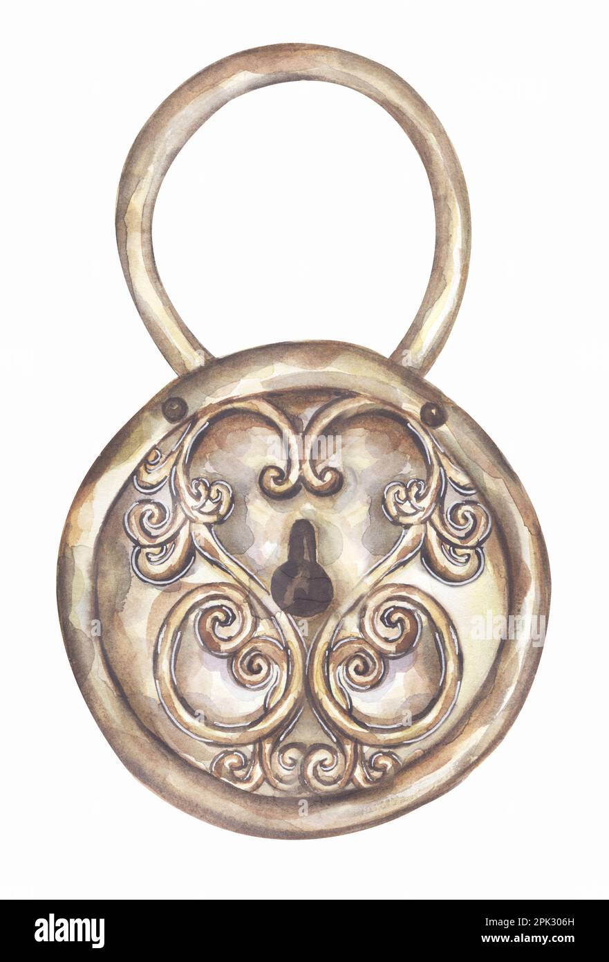 Watercolor retro style lock illustration. Hand drawn vintage padlock ...