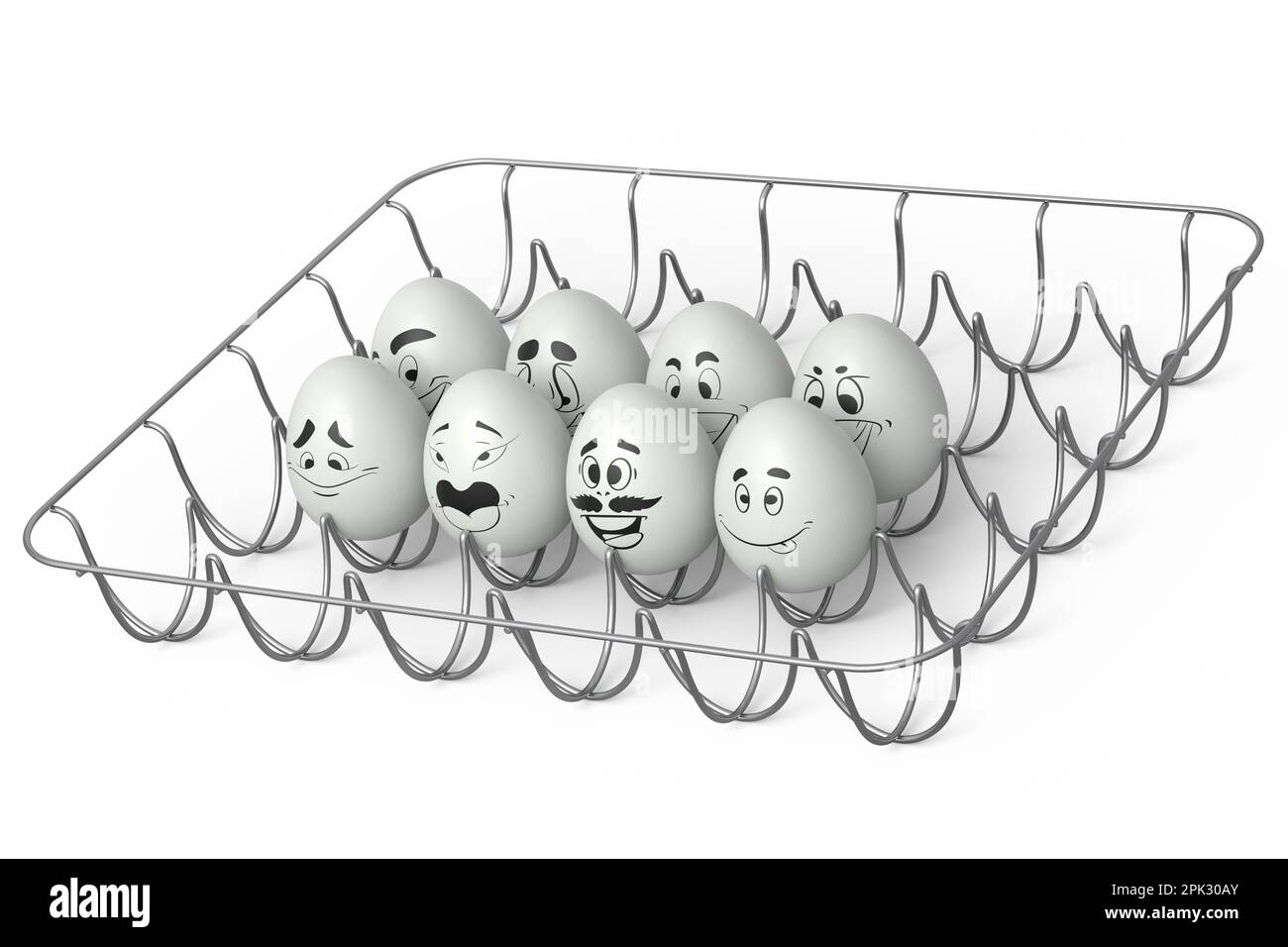 Farm white painted egg with expressions and funny face in metal wire ...