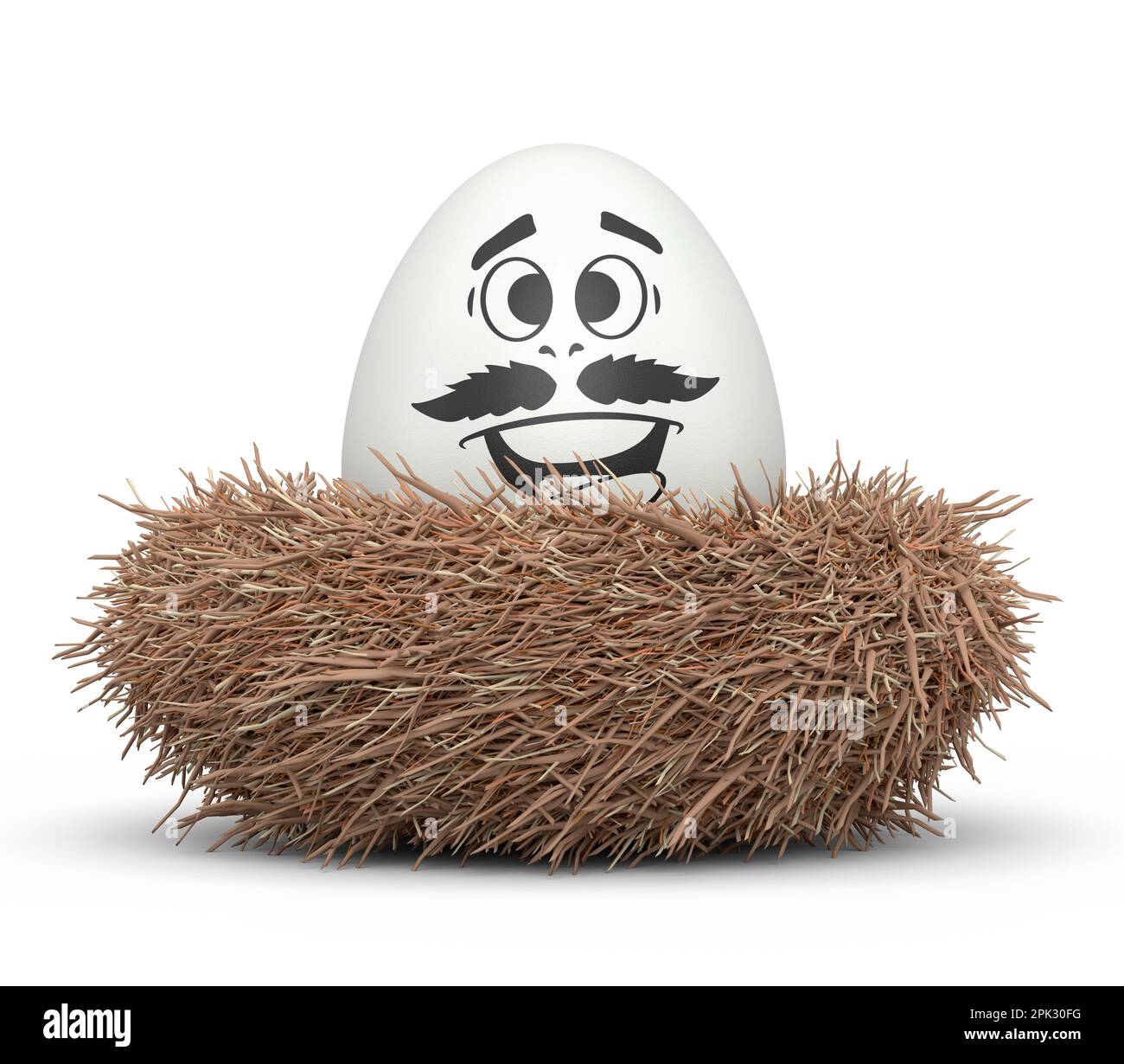 Farm white painted egg with expressions and funny face in bird nest isolated on white background. 3d render of Easter eggs template design for greetin Stock Photo