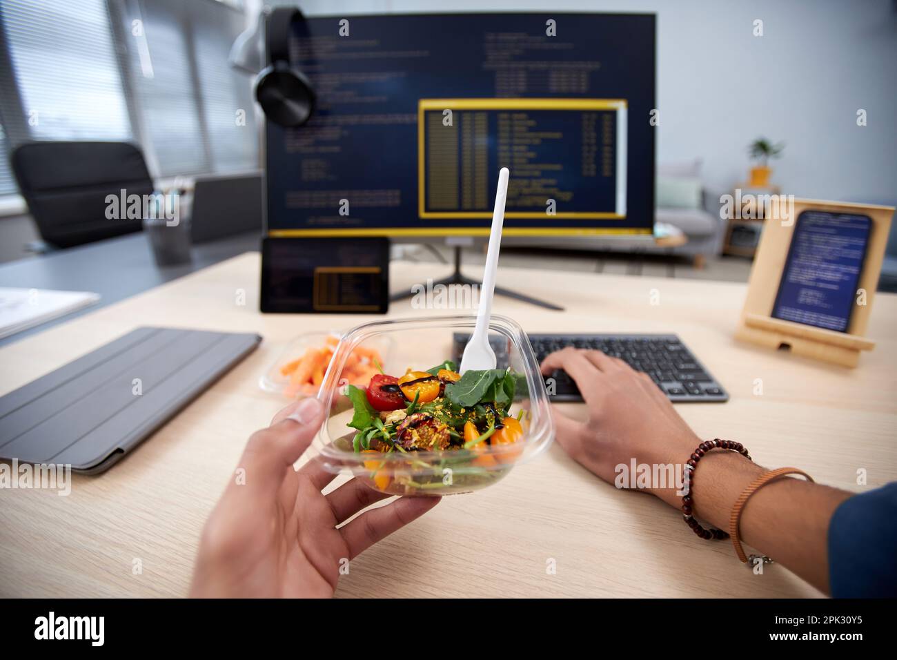 Pov Of Unrecognizable Man Eating Takeout Lunch At Workplace While Pov Of Unrecognizable Man Eating Takeout Lunch At Workplace While