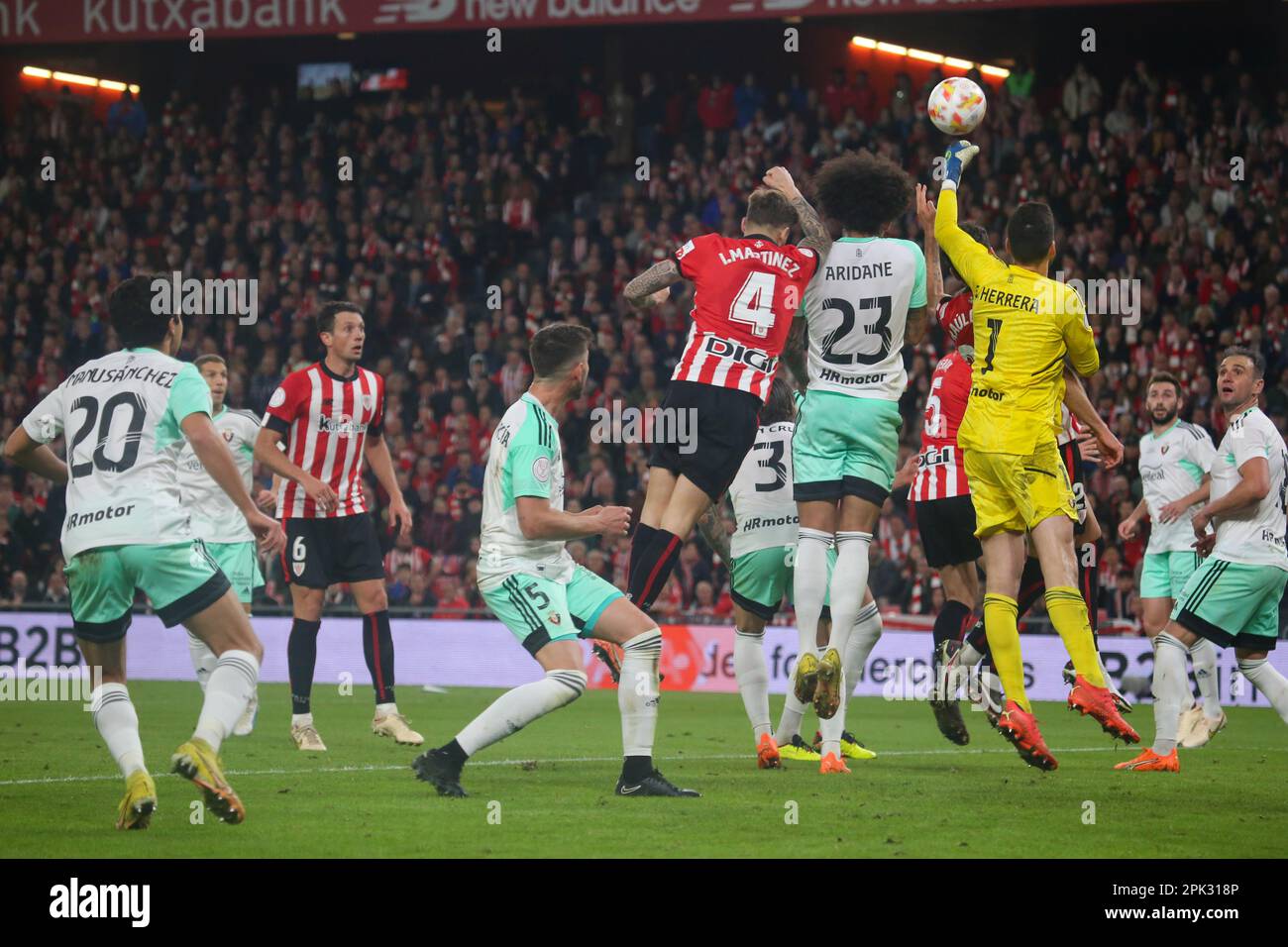 Bilbao, Spain. 04th Apr, 2023. CA Osasuna's goalkeeper, S. Herrera (1, R) clears the ball before the jump of Aridane (23, 2R) and Iñigo Martinez (4, L) during the second leg of the semifinals of the SM El Rey Cup between Athletic Club and CA Osasuna, on April 04, 2023, at the San Mames Stadium, Bilbao, Spain. (Photo by Alberto Brevers/Pacific Press/Sipa USA) Credit: Sipa USA/Alamy Live News Stock Photo