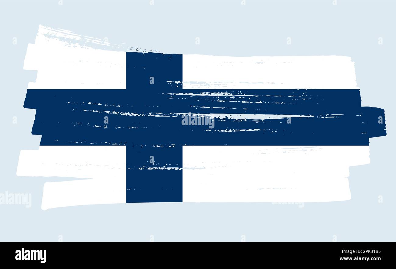 Hand-drawn National Finland flag banner. White blue color jagged stain of paint isolated on a neutral background. Ink Spot country symbol. Independenc Stock Vector