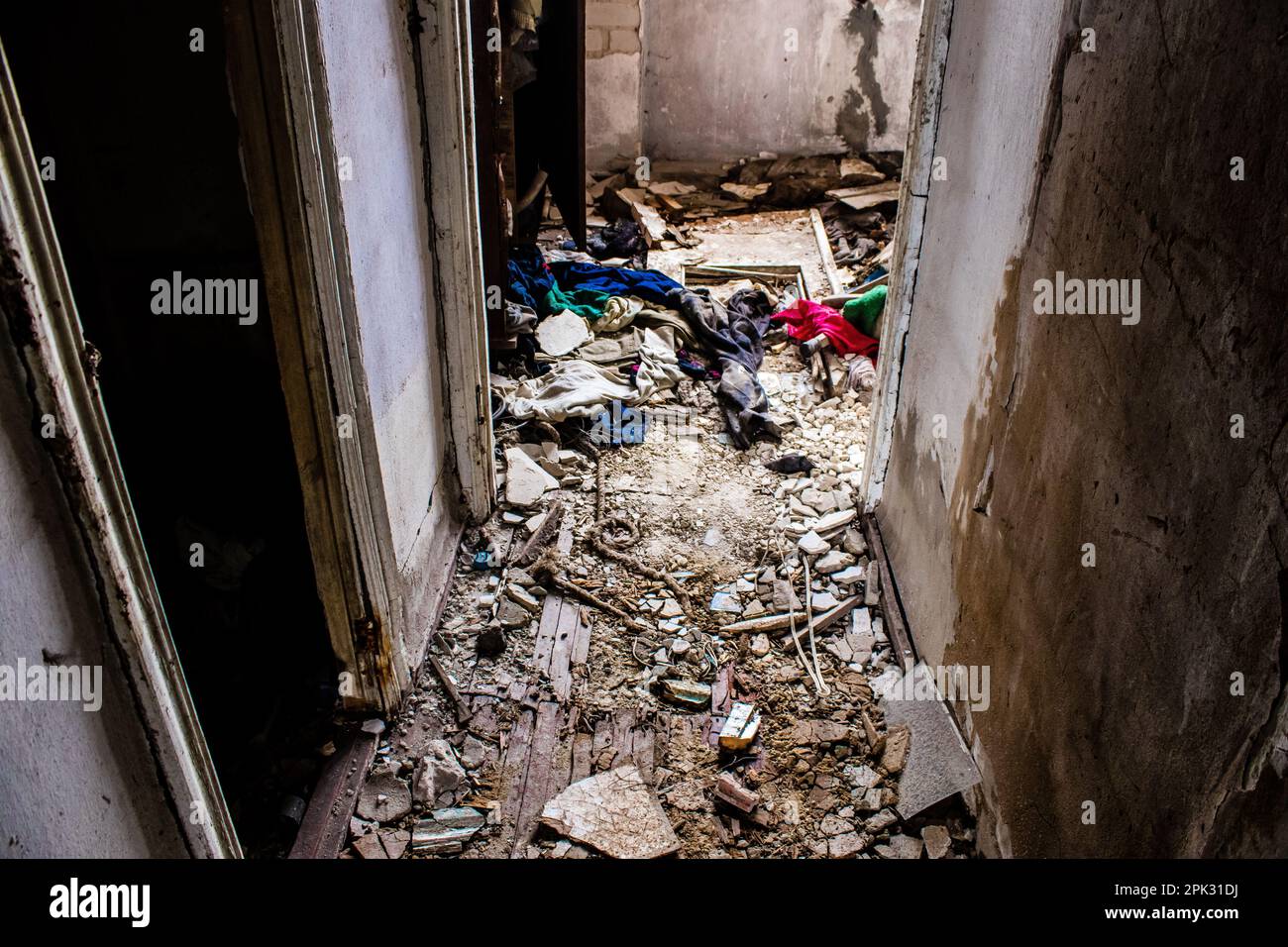 Interior of a house destroyed by a Russian bombardment. Objects of