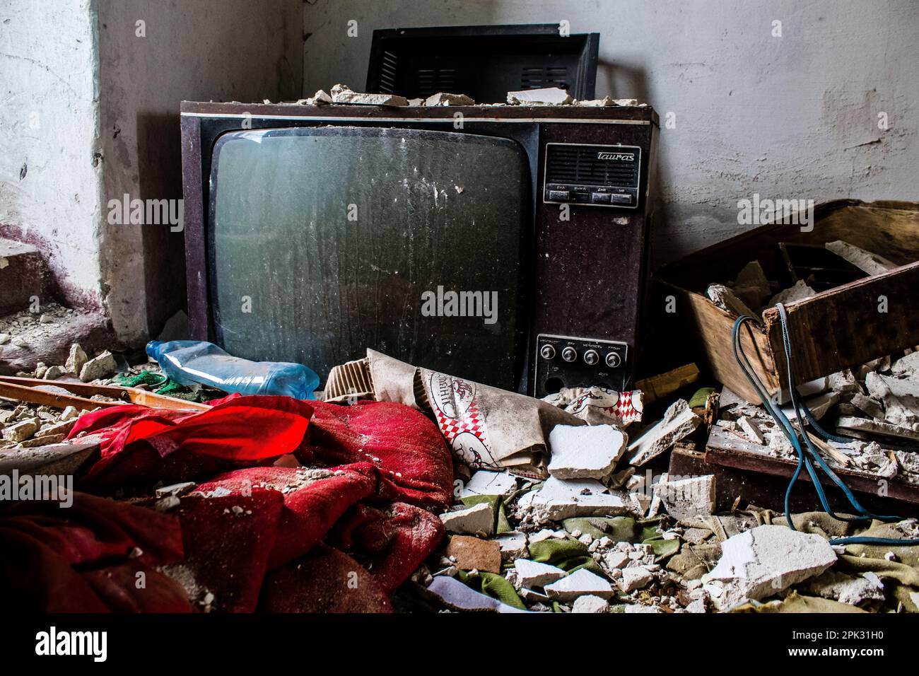 Interior of a house destroyed by a Russian bombardment. Objects of