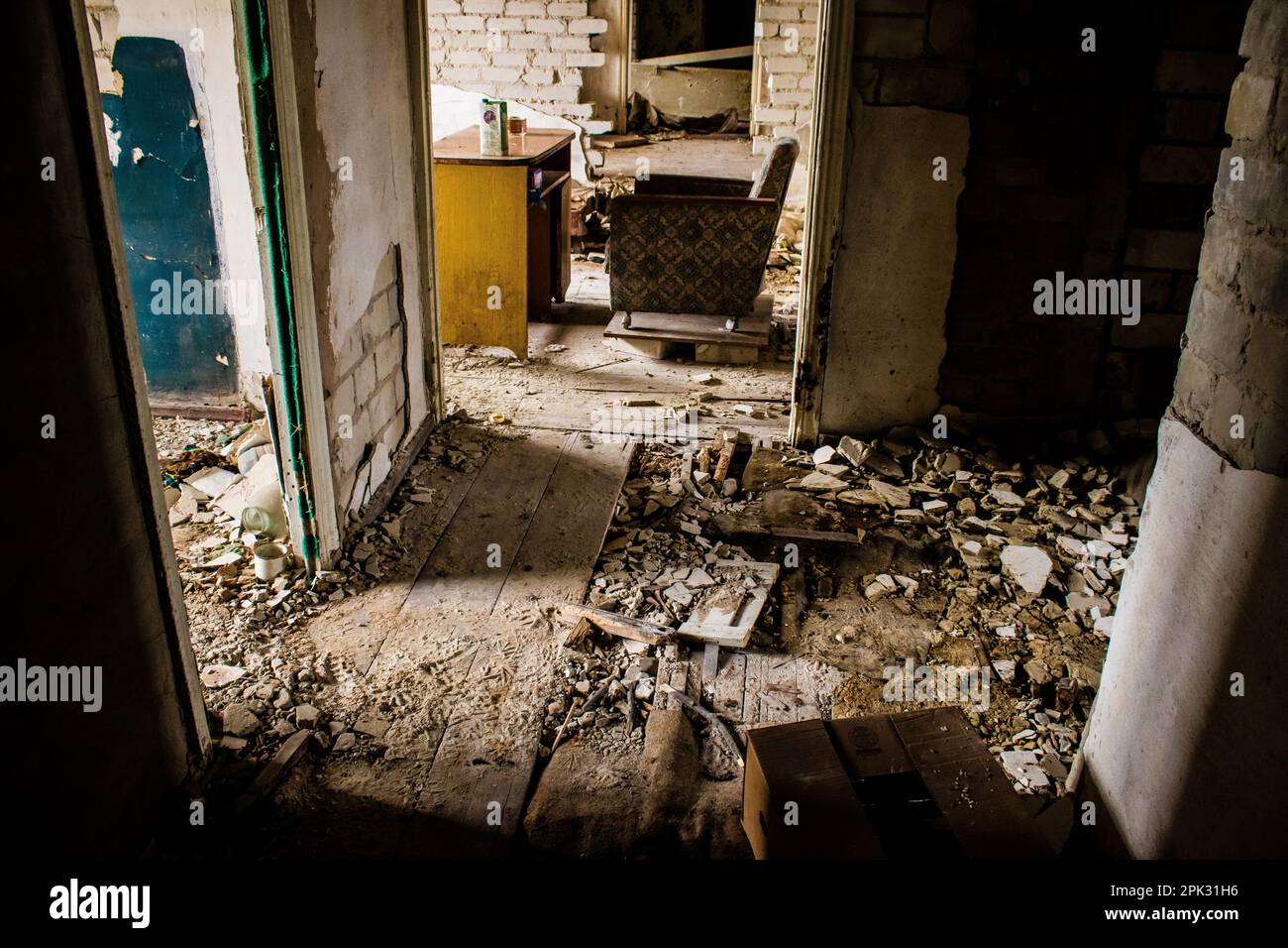Interior of a house destroyed by a Russian bombardment. Objects of