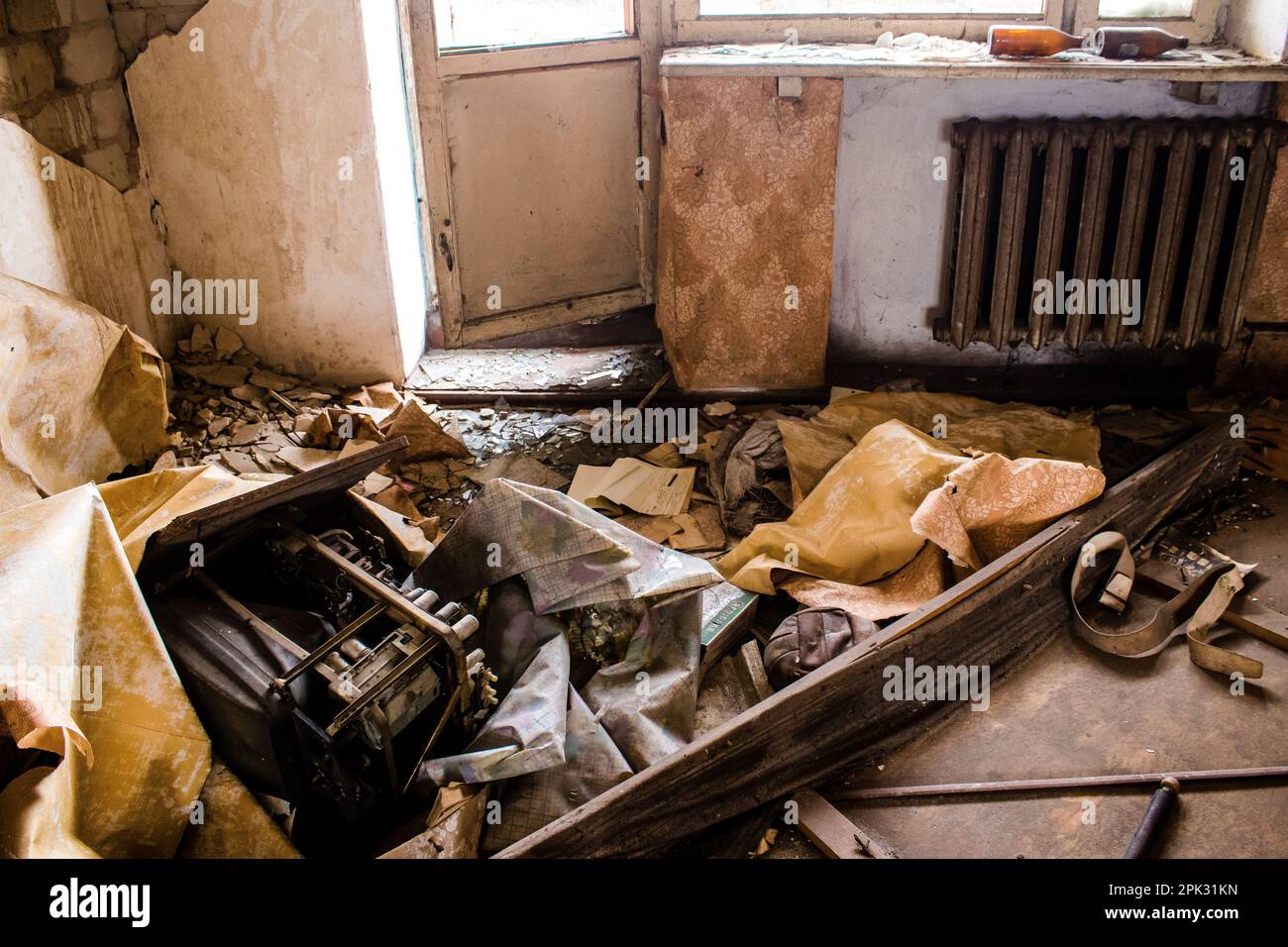 Interior of a house destroyed by a Russian bombardment. Objects of