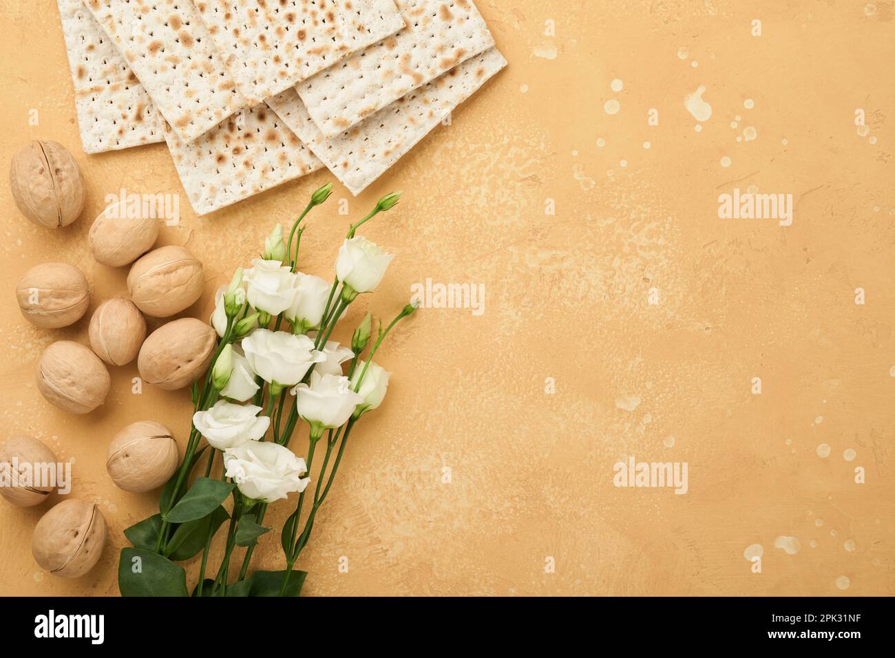Passover Pesah celebration concept. Matzah, kosher red wine, walnut and