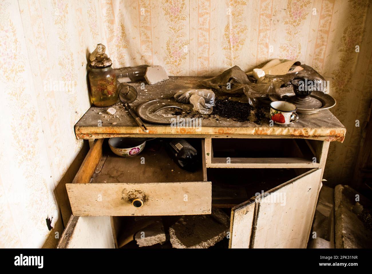 Interior of a house destroyed by a Russian bombardment. Objects of