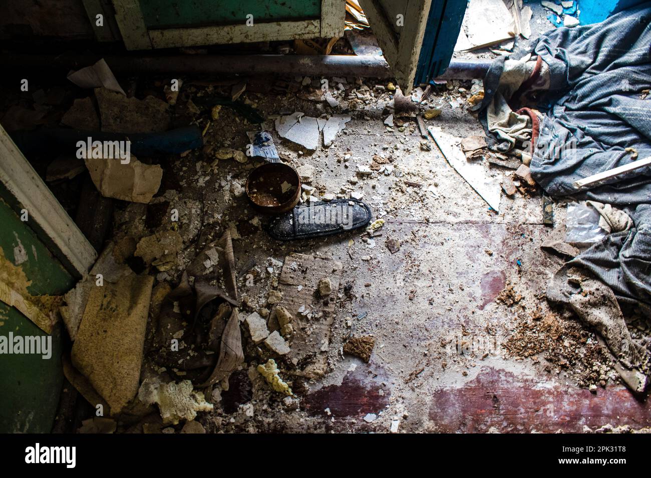 Interior of a house destroyed by a Russian bombardment. Objects of