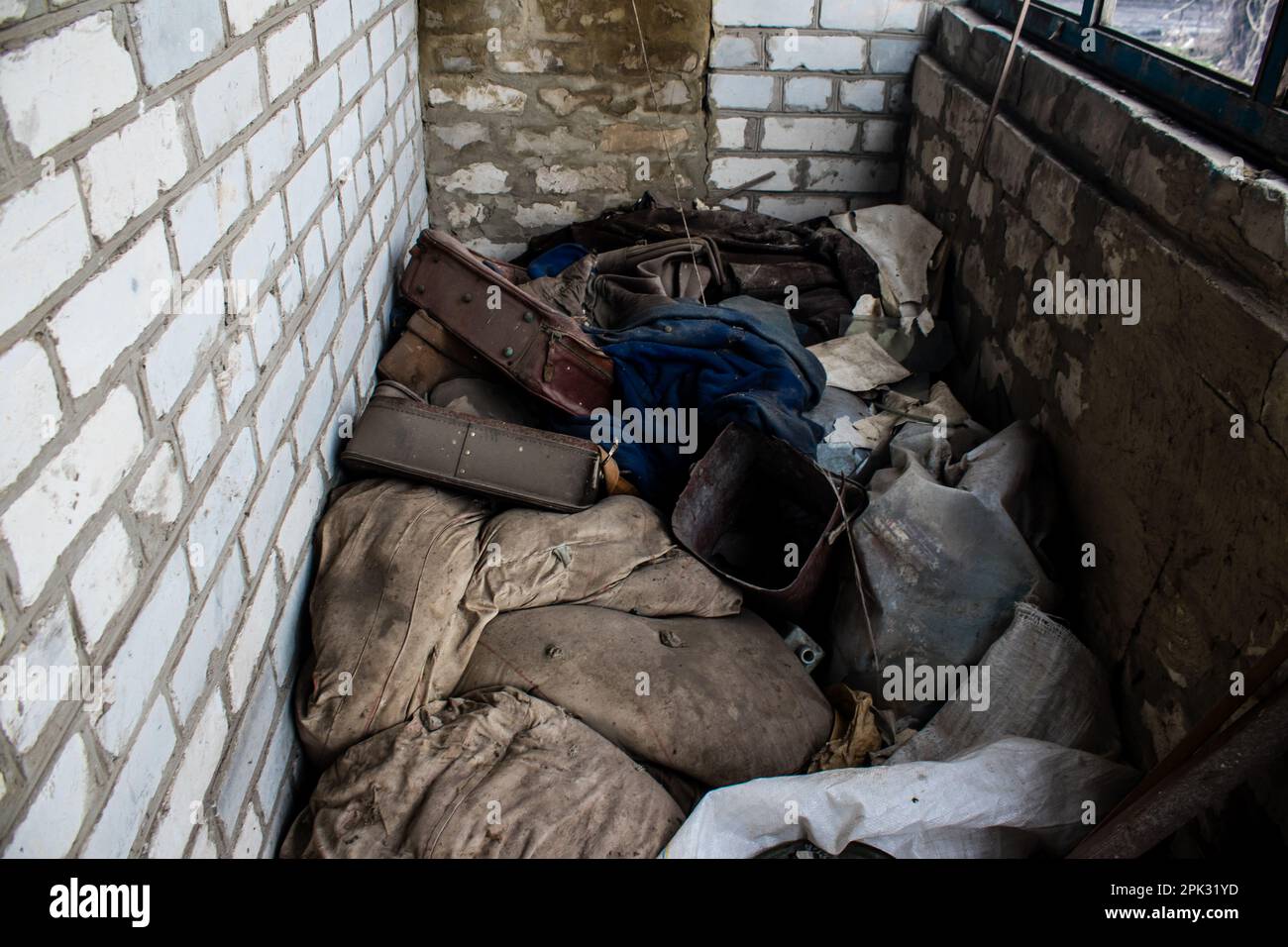 Interior of a house destroyed by a Russian bombardment. Objects of