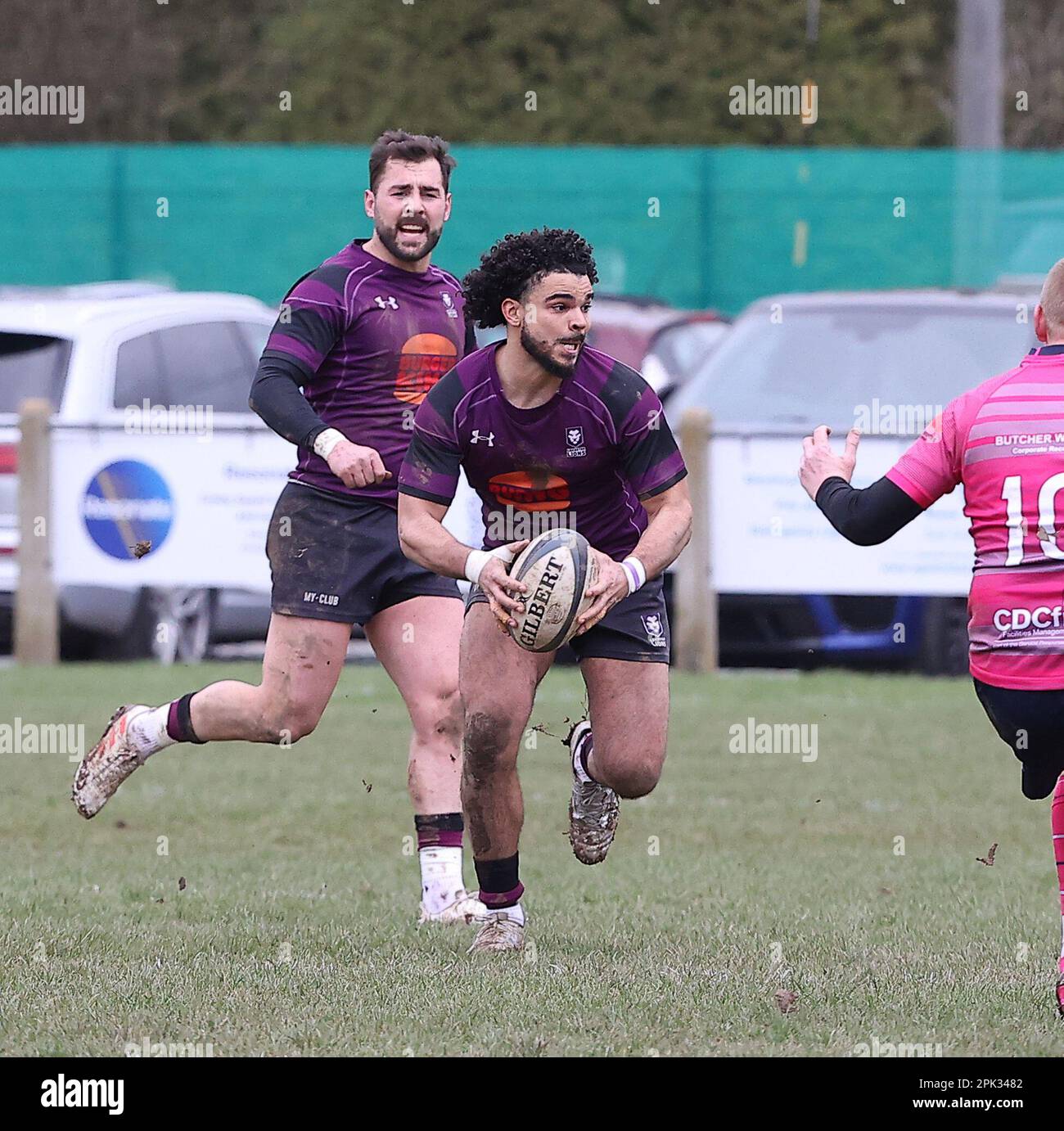 01.04.2023   Leicester, England. Rugby Union.                   Jamel Hamilton makes a break for Lions during the National League Div 2 West match played between Leicester Lions and Stourbridge rfc at the Westleigh Park Stadium, Leicester.  © Phil Hutchinson Stock Photo