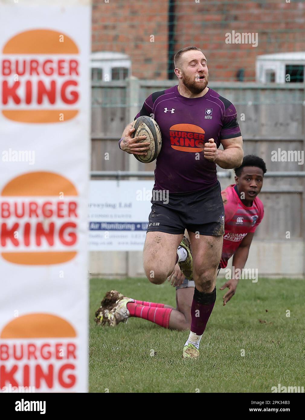 01.04.2023   Leicester, England. Rugby Union.                   Luke Veebel runs in his first of three trys during the National League Div 2 West match played between Leicester Lions and Stourbridge rfc at the Westleigh Park Stadium, Leicester.  © Phil Hutchinson Stock Photo