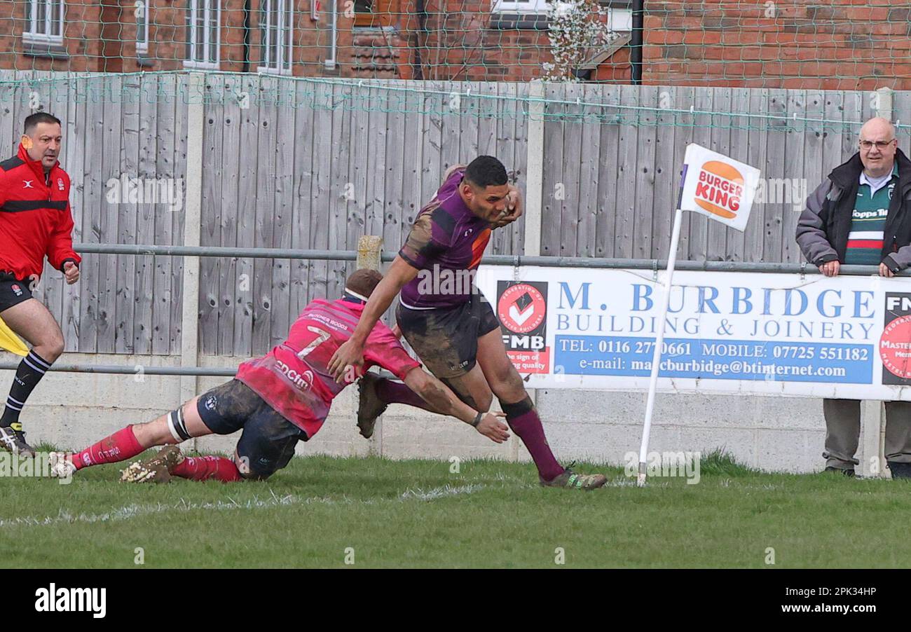 01.04.2023   Leicester, England. Rugby Union.                   Devon Constant breaks Hayden LinkÕs to score for Lions in the 42nd minute of the National League Div 2 West match played between Leicester Lions and Stourbridge rfc at the Westleigh Park Stadium, Leicester.  © Phil Hutchinson Stock Photo