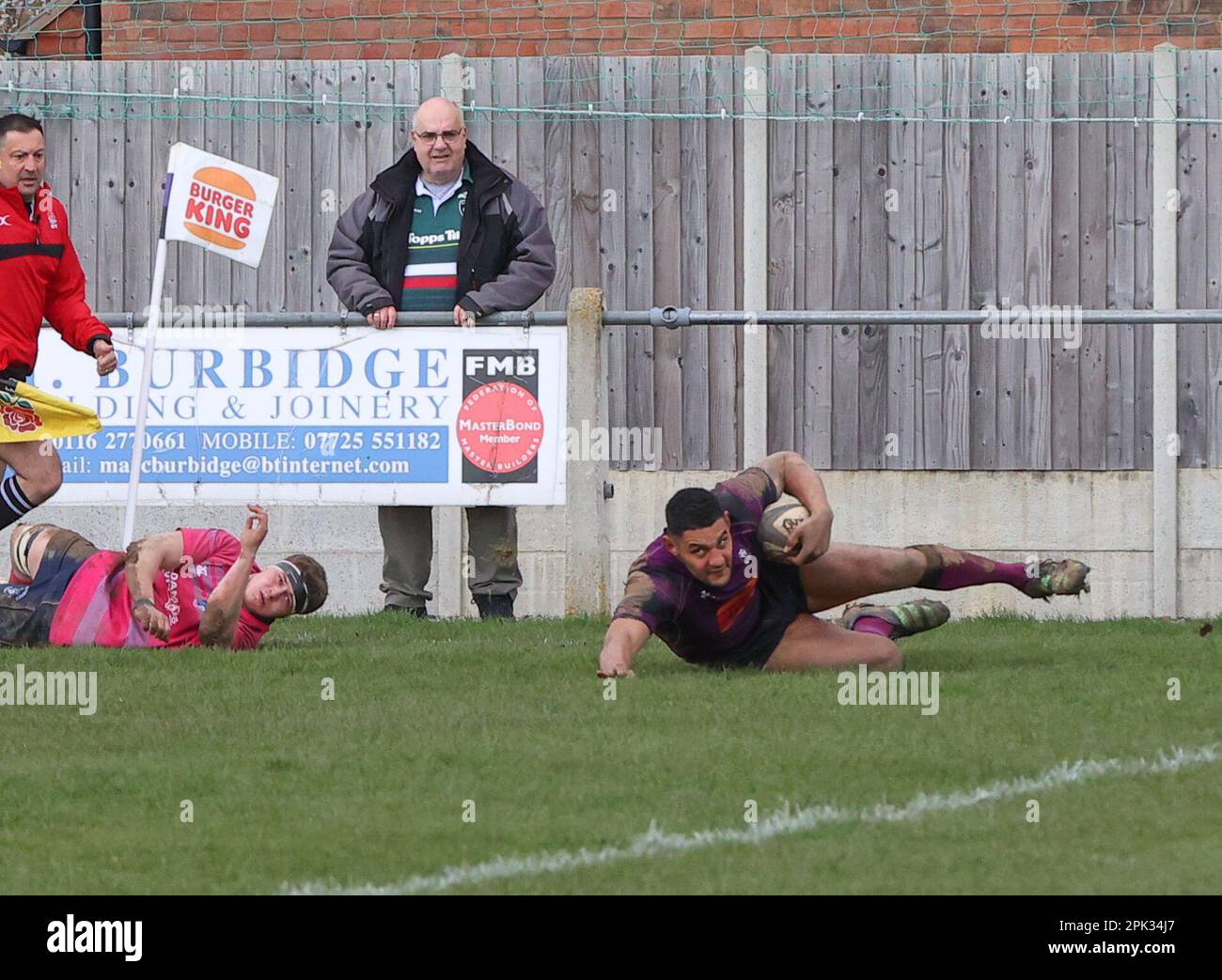 01.04.2023   Leicester, England. Rugby Union.                   Devon Constant breaks Hayden LinkÕs to score for Lions in the 42nd minute of the National League Div 2 West match played between Leicester Lions and Stourbridge rfc at the Westleigh Park Stadium, Leicester.  © Phil Hutchinson Stock Photo
