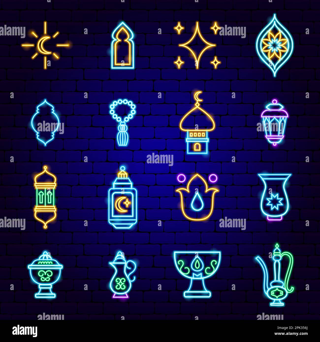 Ramadan Kareem Neon Icons Stock Vector