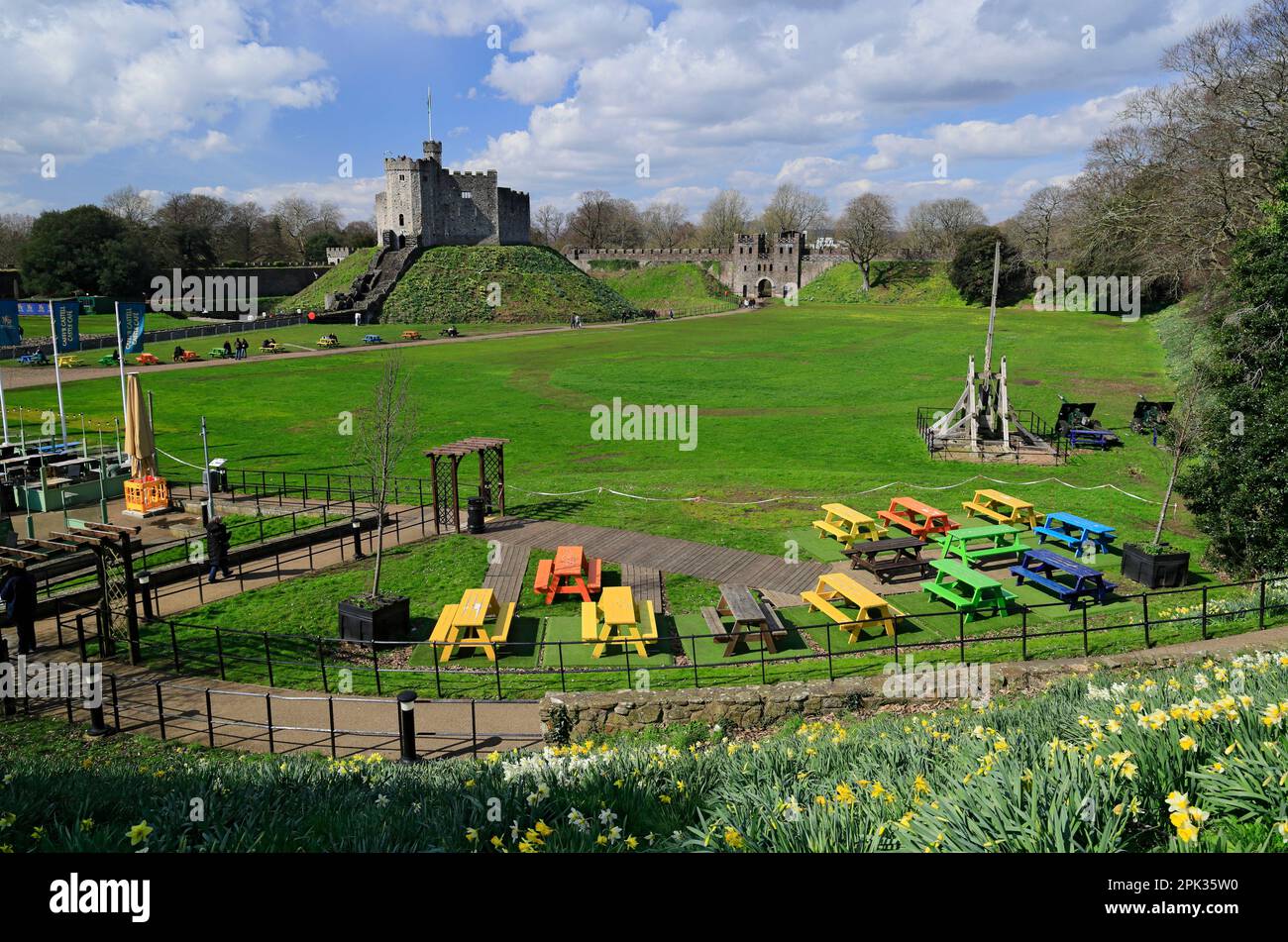 Norman Keep and Daffodils, Cardiff Castle, Cardiff, Souuth Wales, United Kingdom. Stock Photo