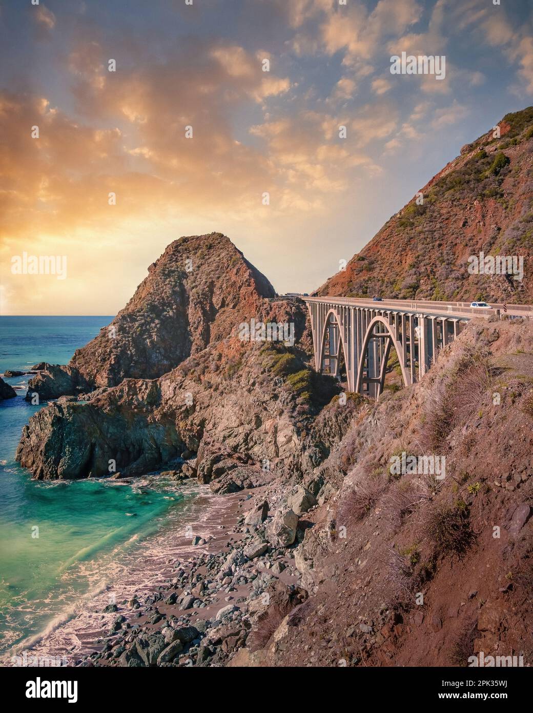 Big Creek Bridge on the Pacific Coast Highway in Big Sur, California. Viewed from Vista Point. Stock Photo