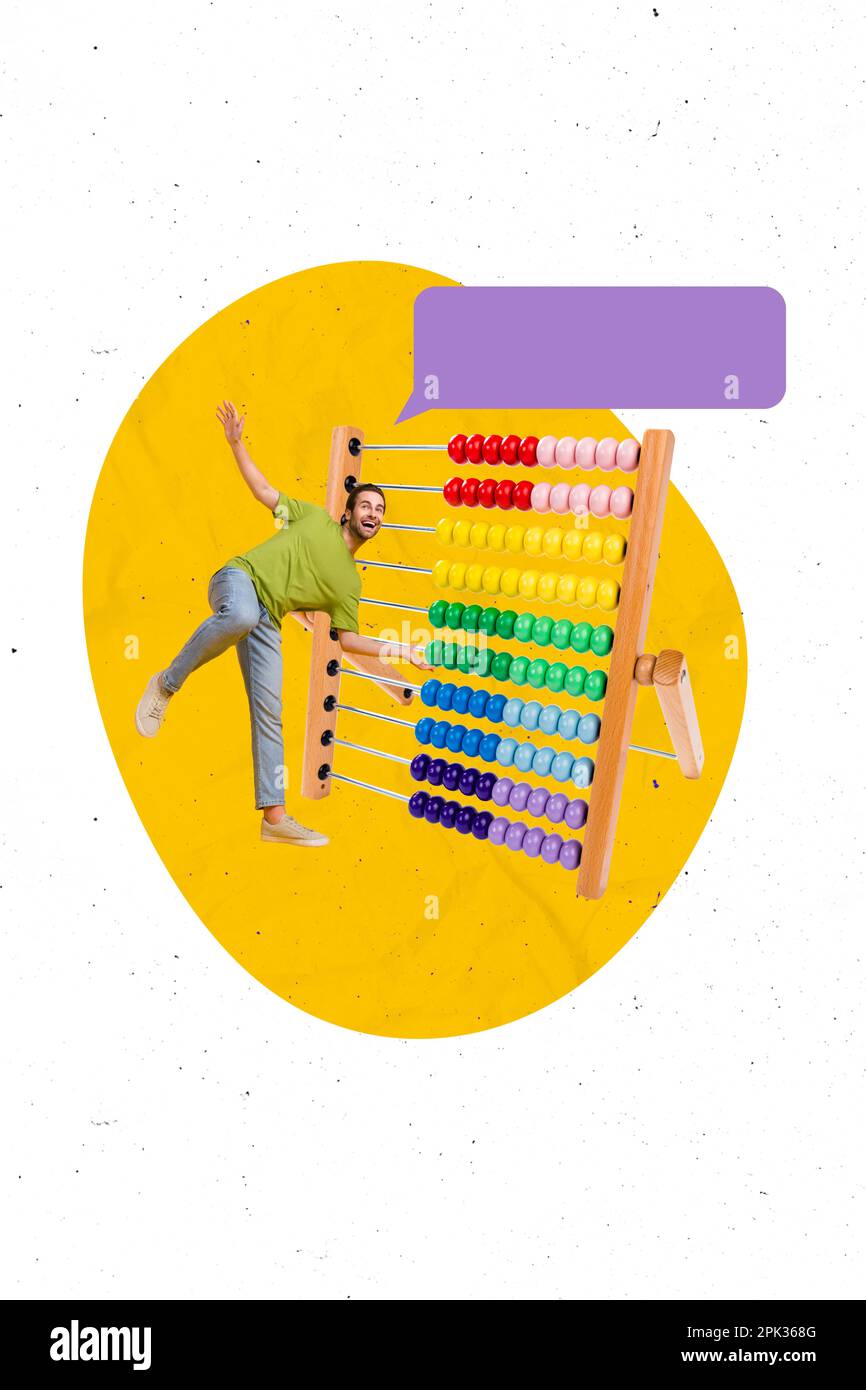 Vertical collage picture of mini excited guy big abacus bead calculator