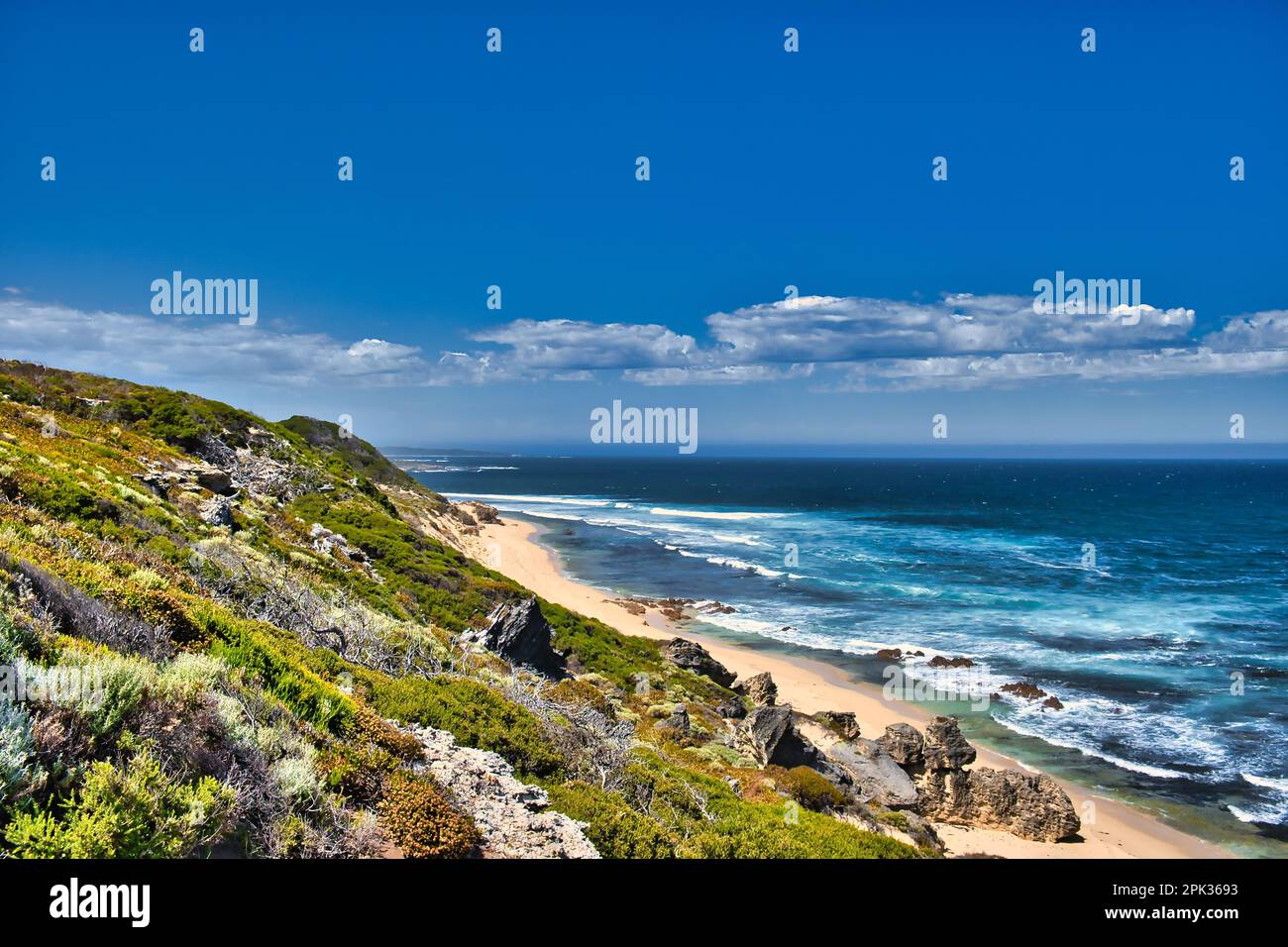 Coast with beaches and heathland along the Cape to Cape Walk, from Cape Naturaliste to Cape Leeuwin, in the Margaret River region of Western Australia Stock Photo