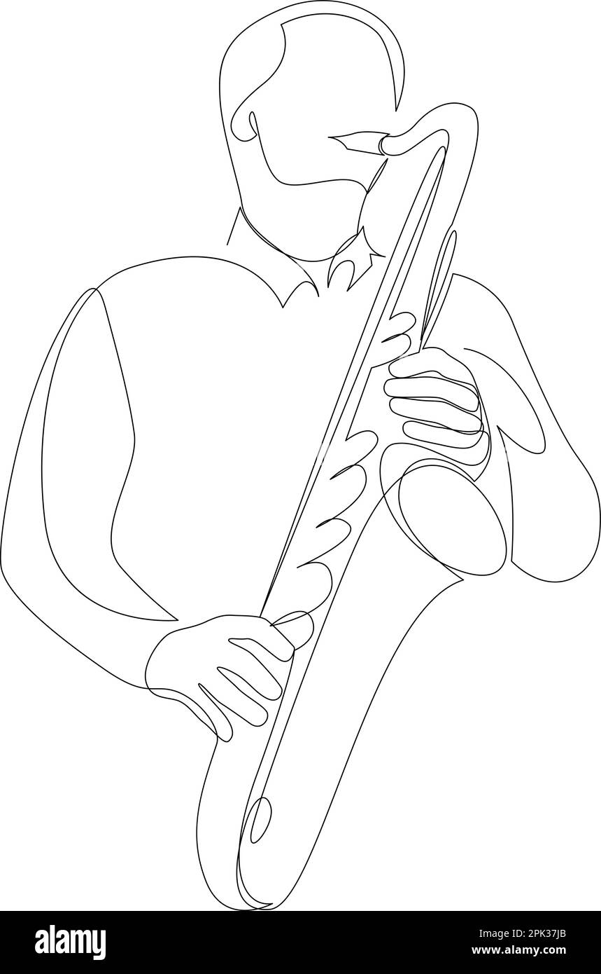 Continuous line drawing of a man playing saxophone jazz music